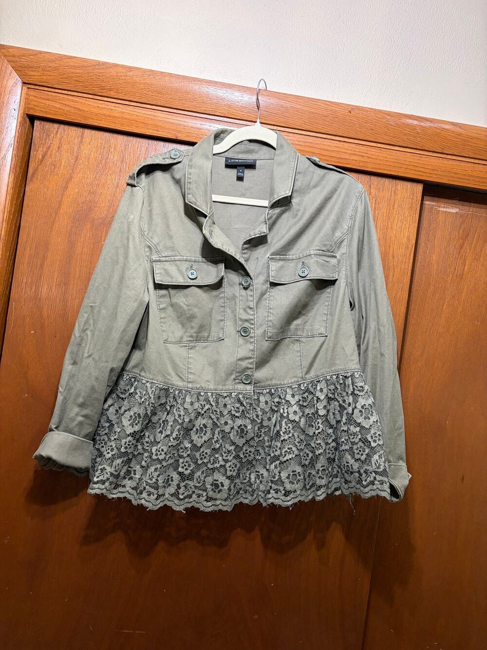 Lane Bryant Utility Jacket Lace Hem Button Front Olive Green Women's Size 16